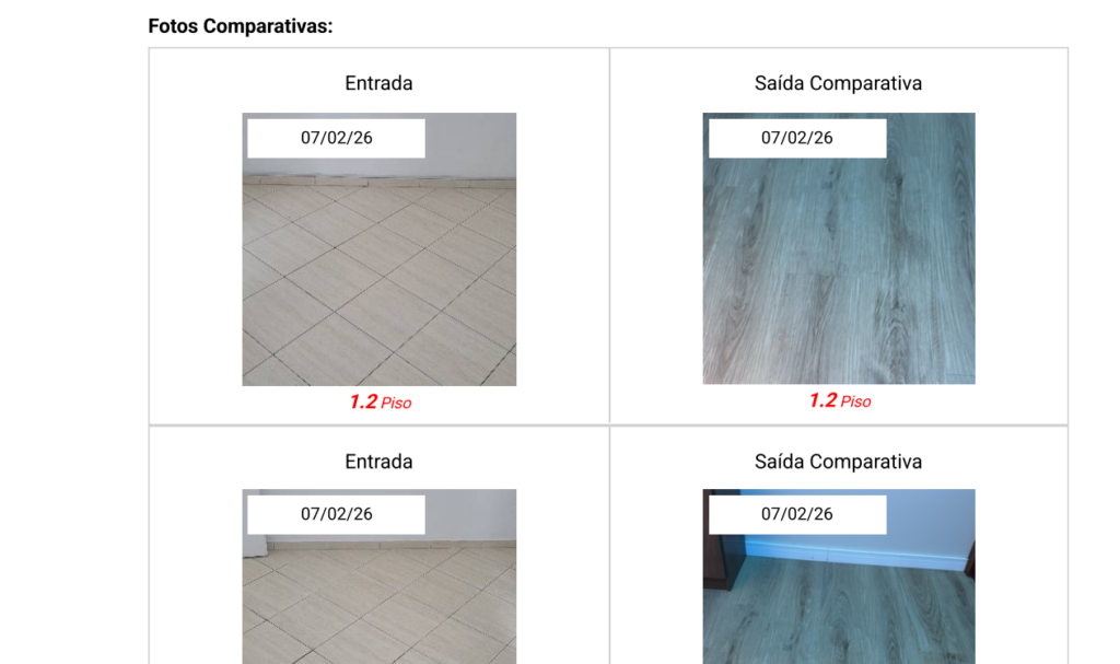 Tela do aplicativo realizando vistoria de saída comparativa com fotos de antes e depois