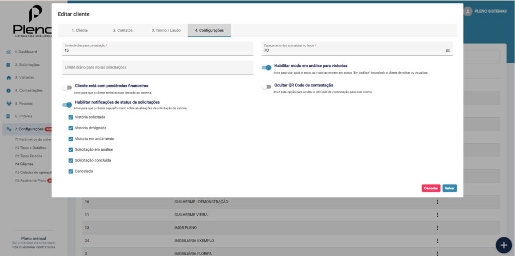 estrutura de clientes para empresas de vistorias