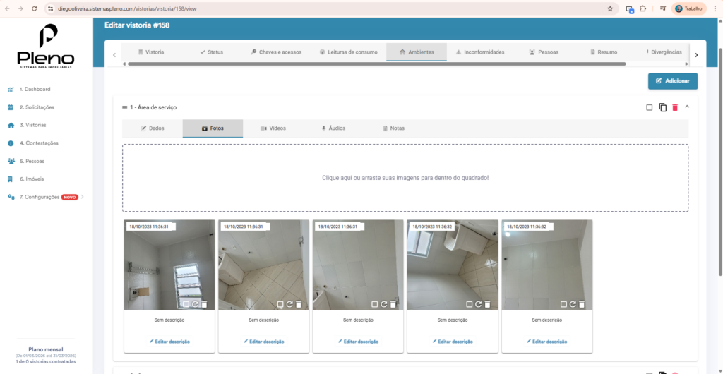 como adicionar as fotos e vídeos pela plataforma WEB do Pleno Vistorias