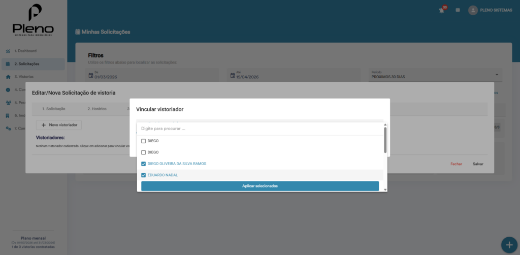 vistoria em dupla no Pleno Vistorias com vistoriadores vinculados no agendamento