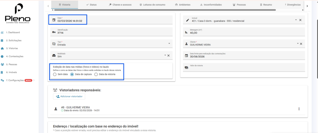 Data nas mídias da vistoria exibida no laudo com data e hora na foto
