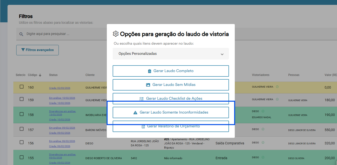 Inconformidades na vistoria de saída configuradas no Pleno para mostrar tipo, responsável e ação