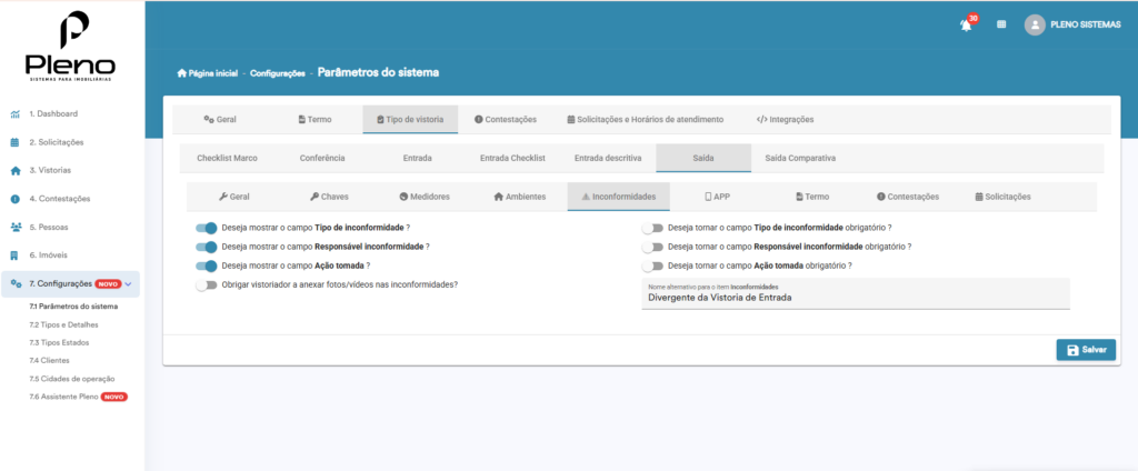 inconformidades na vistoria de saída