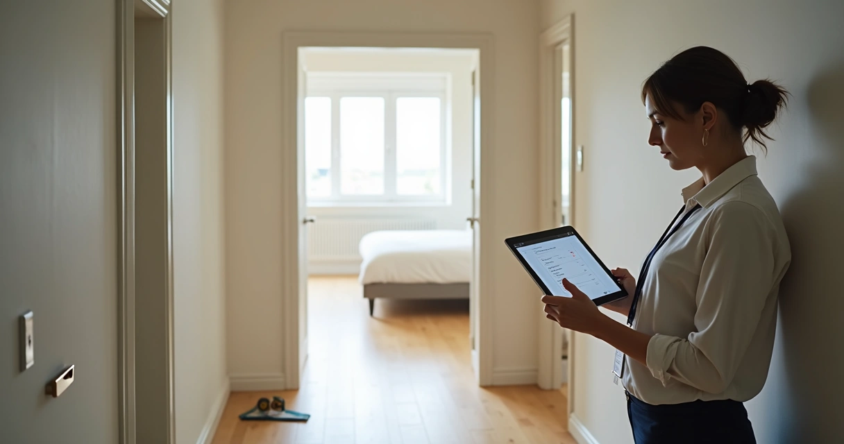 Vistoriador registrando condições de corredor de apartamento vazio com tablet