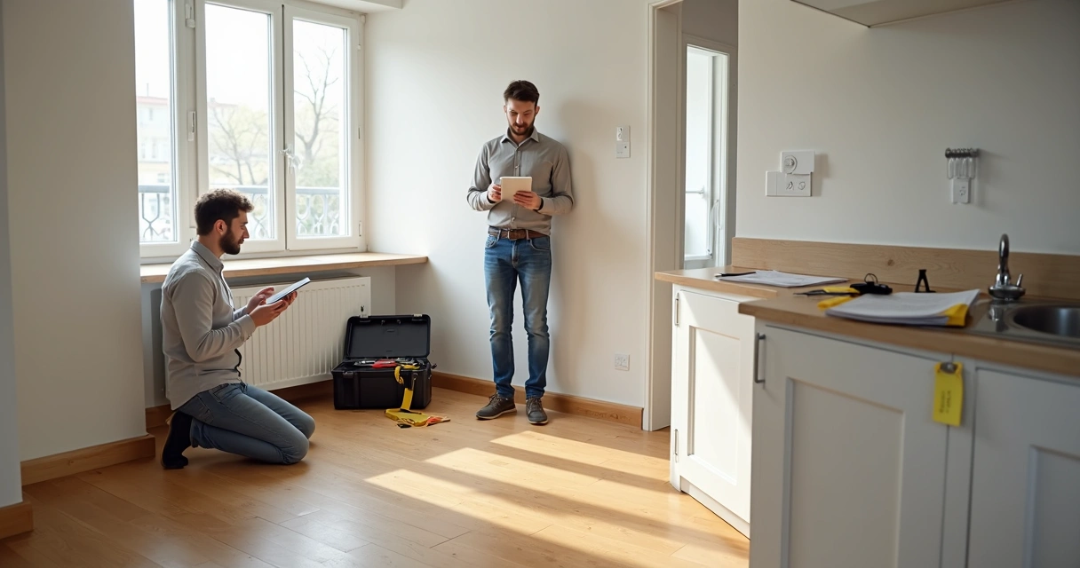 Equipe fazendo vistoria de saída em apartamento vazio usando tablet para registrar detalhes