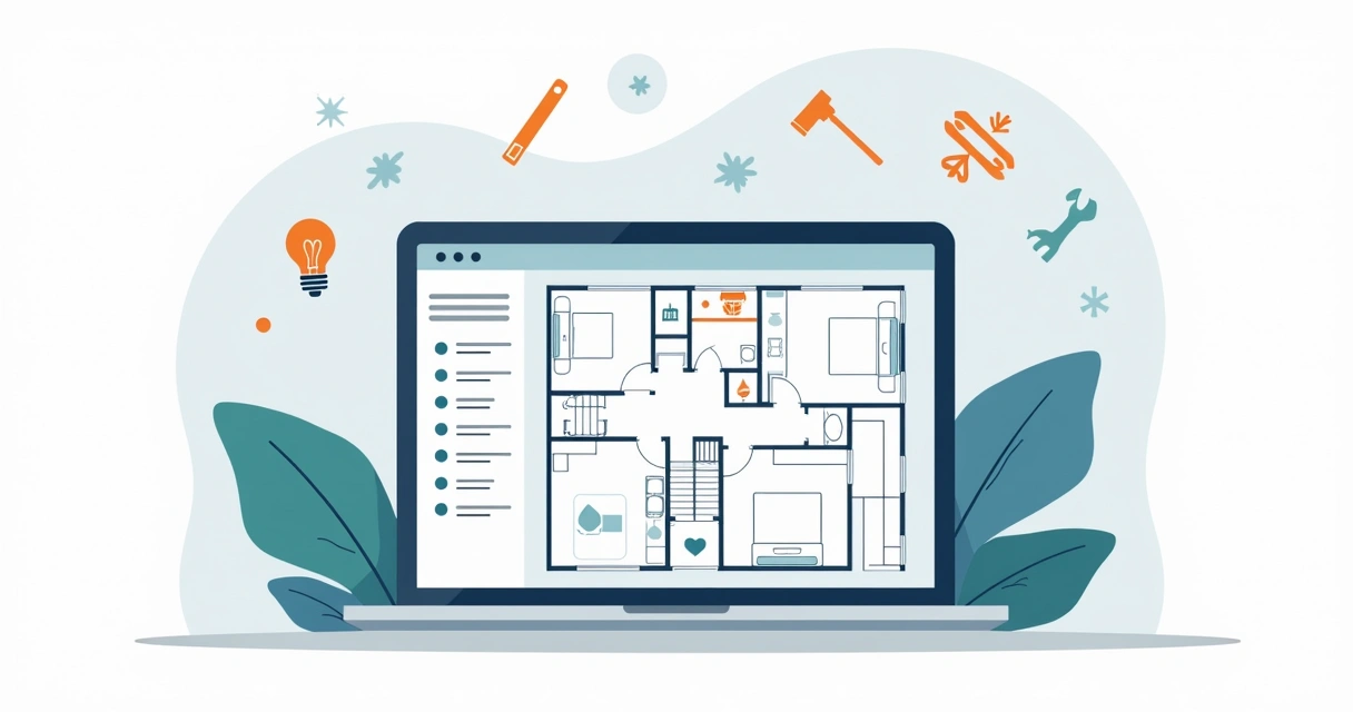 Tela com planta baixa de apartamento e checklist técnico digital