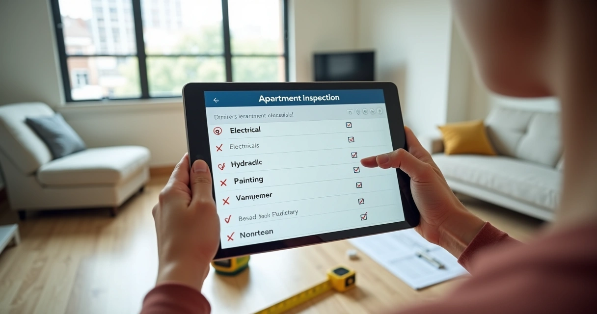Profissional conferindo checklist de vistoria de apartamento em tablet dentro de sala vazia