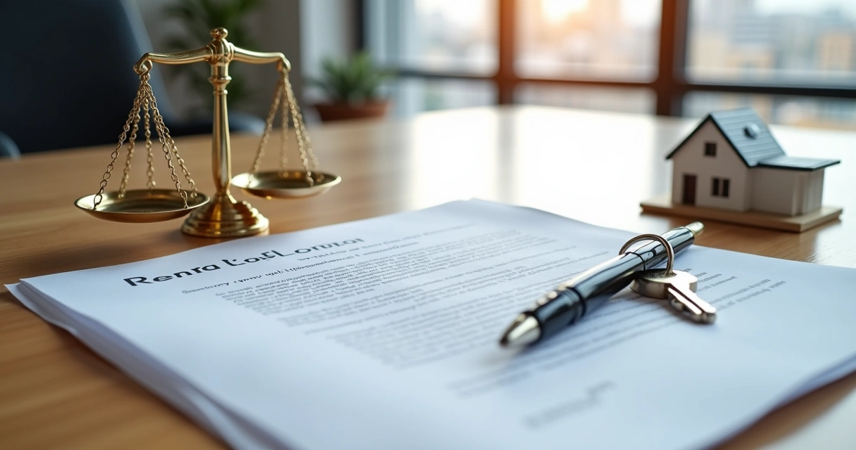 Contrato de aluguel com balança de justiça e miniatura de casa sobre a mesa