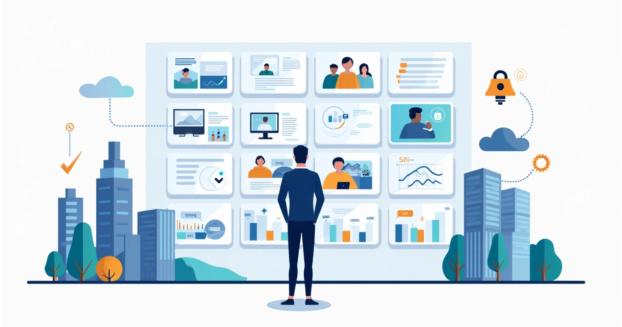 Gestor imobiliário analisando painel digital com contratos e vistorias automatizadas