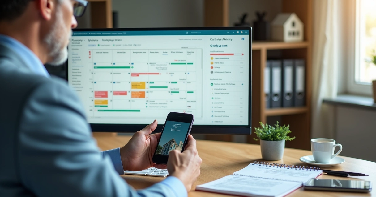 Gestor imobiliário analisando calendário de aluguéis atrasados em tela de computador