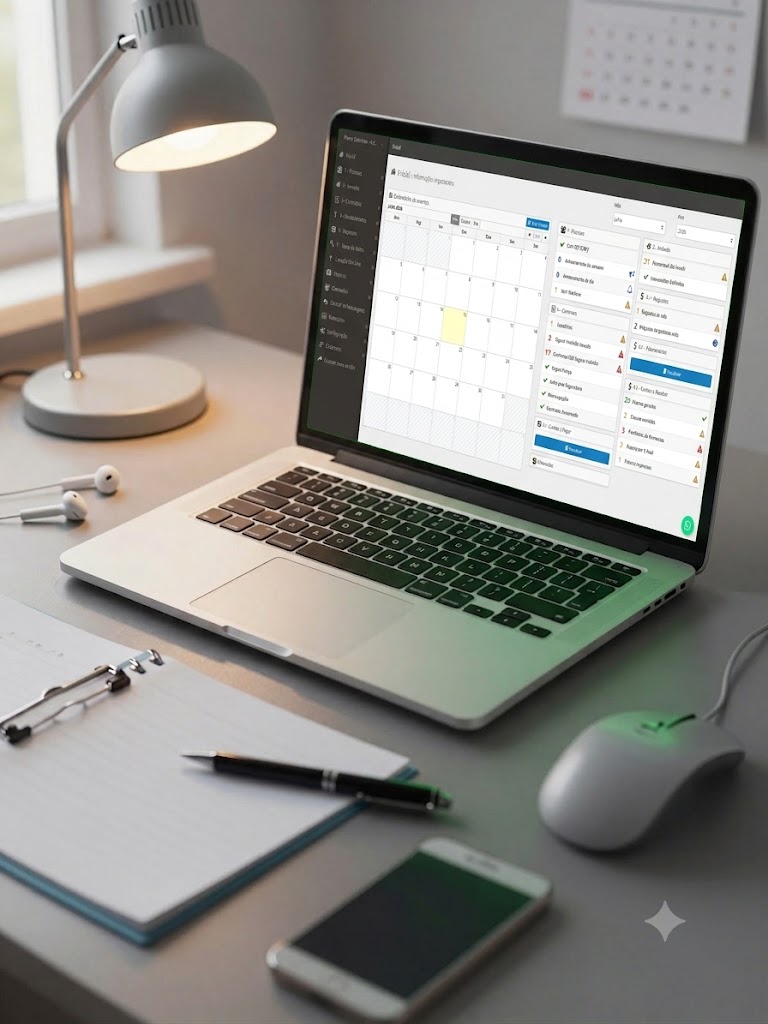Gestor imobiliário analisando painel digital com contratos e vistorias automatizadas