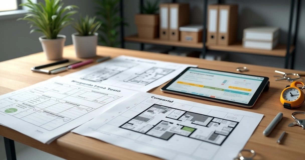 Mesa de trabalho com plantas de imóvel, quadros de checklist diferentes e tablet com sistema de vistoria aberto