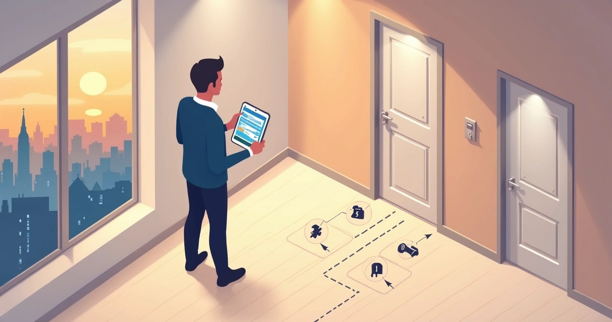 Profissional fazendo vistoria em corredor de andar de apartamentos