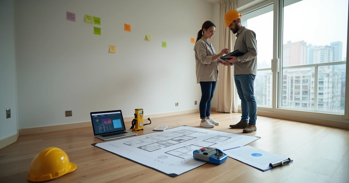 Arquiteta e vistoriador analisando planta junto a tablet em imóvel vazio