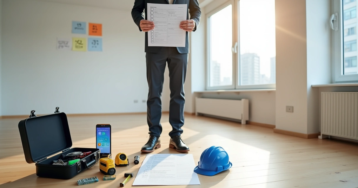 Vistoriador conferindo checklist detalhado em apartamento vazio
