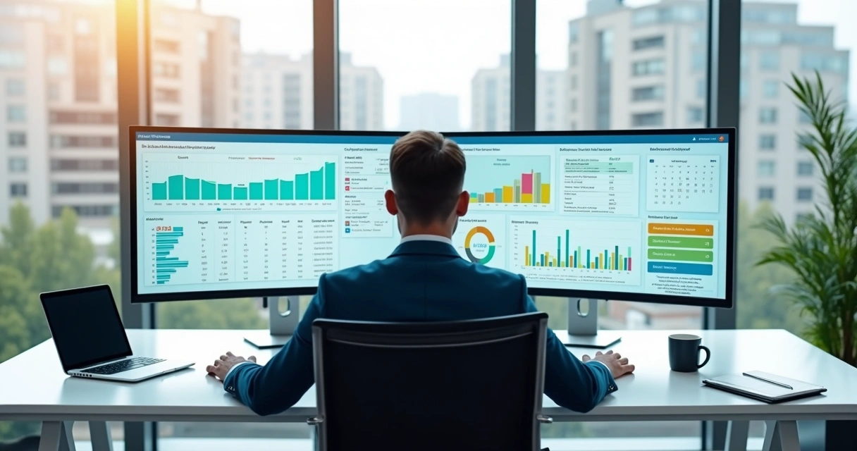 Gestor de administradora de imóveis analisando painel digital de gestão imobiliária