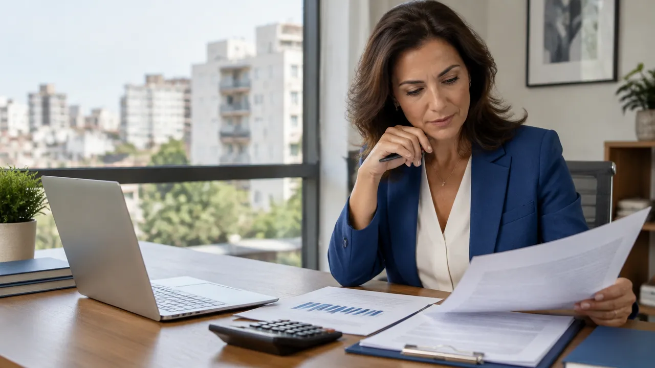 Gestora imobiliária compara contrato de locação e dados de aluguel em uma mesa de trabalho