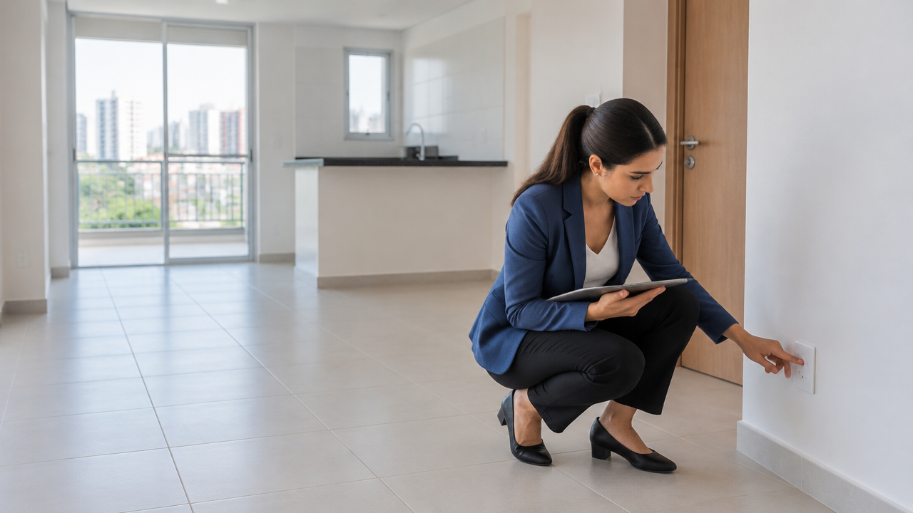 Gestora imobiliária registra detalhes de um apartamento recém-reformado durante a vistoria de entrada